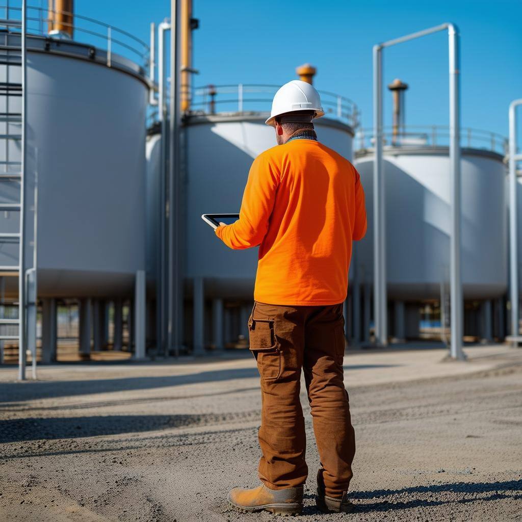 inspection of an industrial facility with above ground bunded tanks by a man wearing ppe including an orange long sleeved shirt, long brown pants, a h