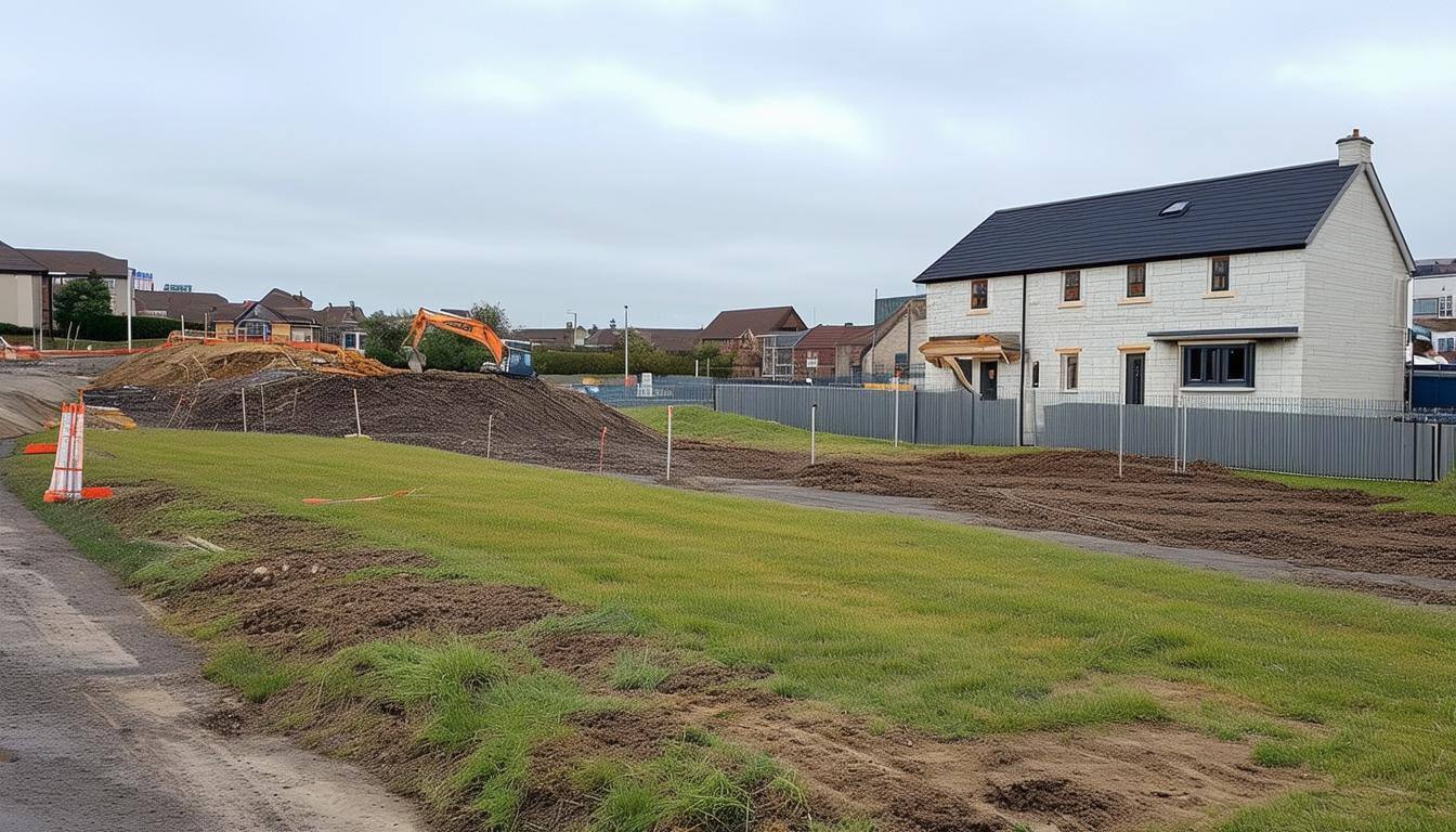 small town house construction site next to the grassed batters of a small closed landfill